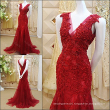 Red Lace Applique Beaded Mermaid Evening Dresses 2016 Real Picture Sexy V-neck Tulle Formal Party Gowns Free Shipping ML186